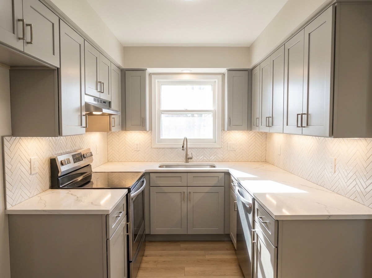 Bright light gray shaker kitchen after remodel