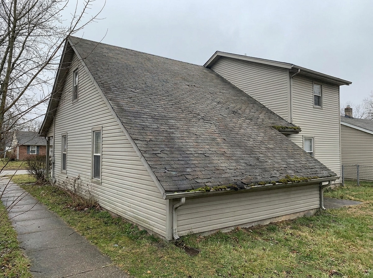 Roof with curling, worn shingles before replacement